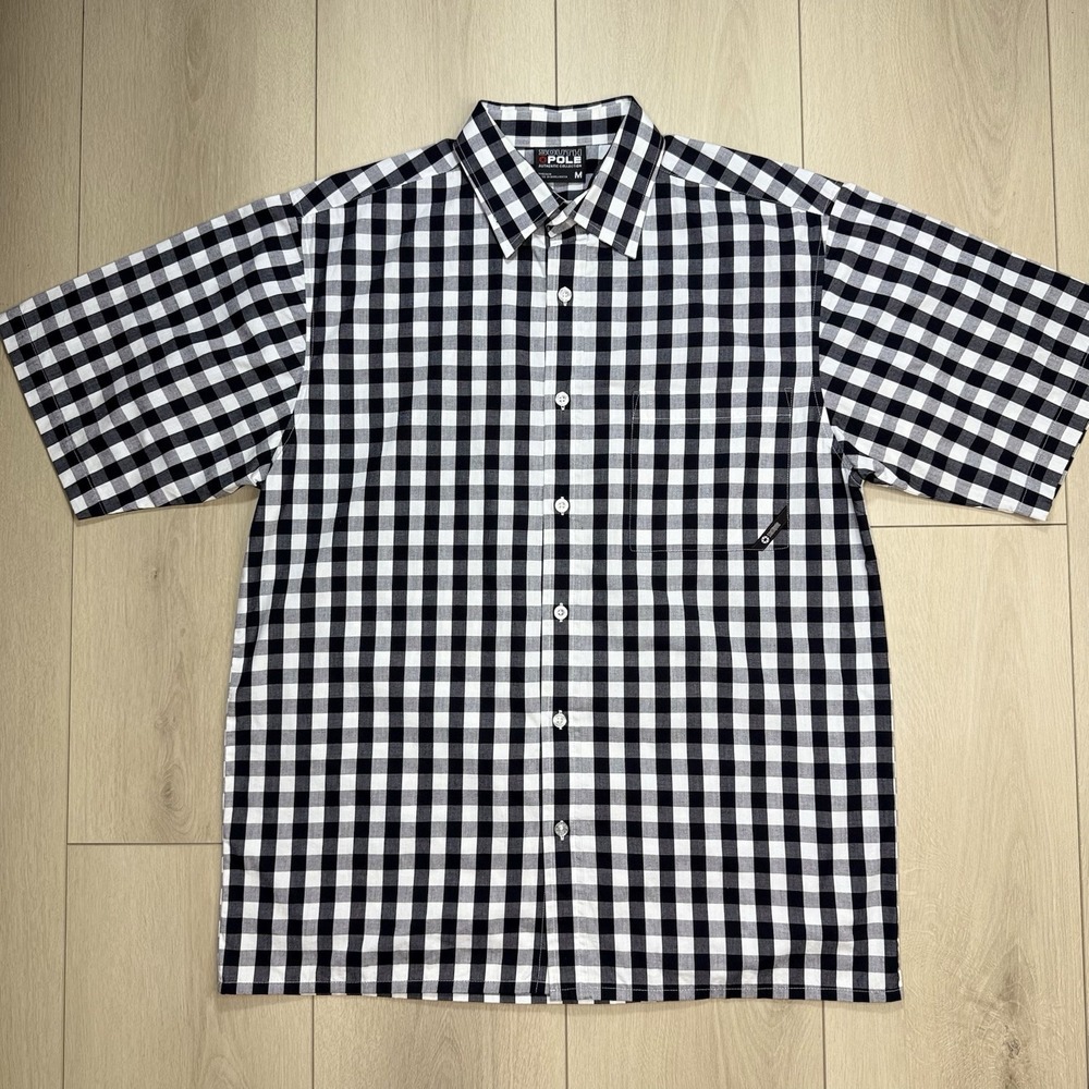 Y2K South Pole Black White Gingham Button Shirt Men's Medium‎ Short Sleeve Boxy